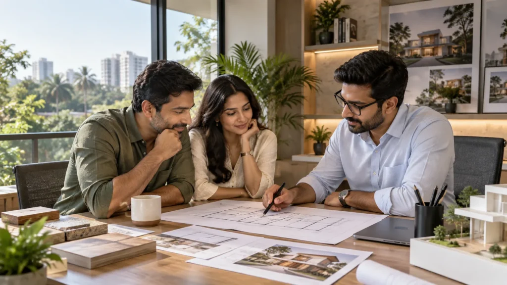 Illustrative image – homeowners reviewing house plans with a construction consultant